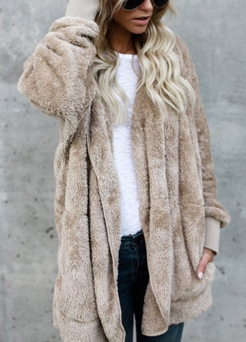 

Women Hooded Long Coat Jacket Hoodies Cardigan Faux Fur Fleece Open Front Pockets Outwear Casual Overcoats