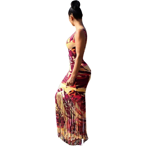 

Sexy Women Bodycon Maxi Long Dress Sleeveless Tassel Gradient O-Neck Beach Casual Slim Dresses