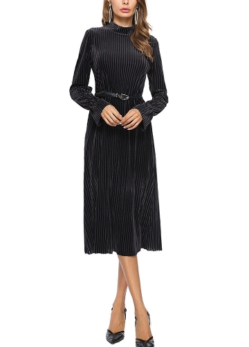 Mulheres Velvet Dress Stripe Belt Flare Long Sleeves Midi A-Line Vestidos