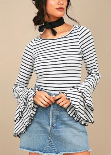

Women Stripe T-shirt Flare Sleeve Round Neck Layer Tops Blouse