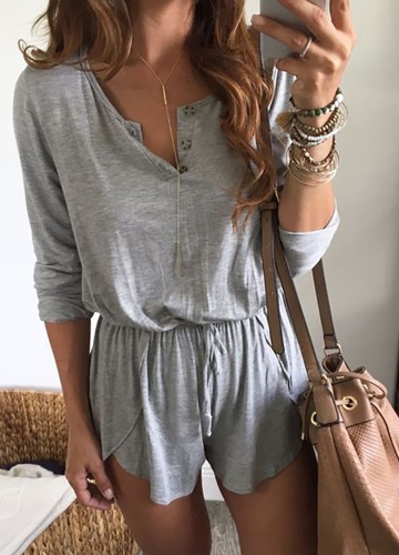 

Women Jumpsuit Button Long Sleeve Drawstring Waist