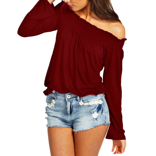 

New Fashion Women Blouse Elastic Off Shoulder Long Sleeve Solid Color Casual T-Shirt Tops Tee