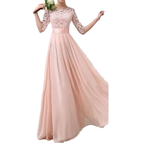 Women Dress Lace Chiffon Half Sleeve Slim Maxi Long Gown Elegant Princess Evening Party One-Piece