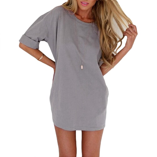 

New Fashion Women Casual Loose Dress Solid Color Short Sleeve Ladies Mini Dress Grey/Black/Khaki