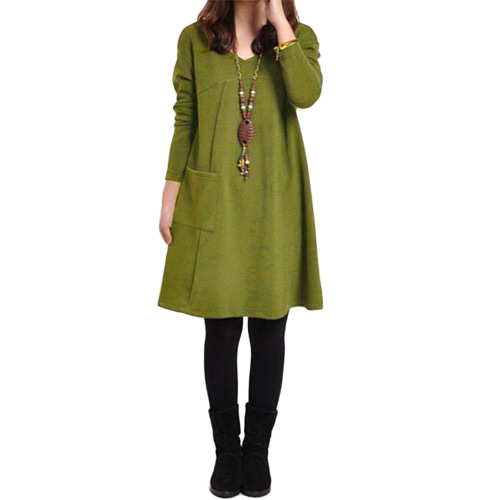 

Autumn Winter Women Dress Plus Size Long Sleeves Pockets Solid V Neck Loose Dress