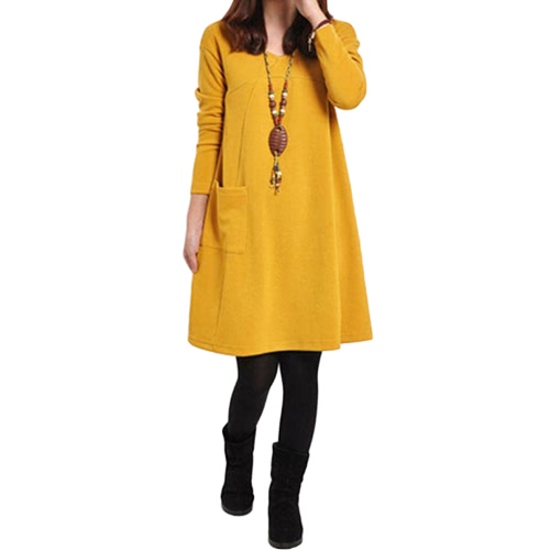 

Autumn Winter Women Dress Plus Size Long Sleeves Pockets Solid V Neck Loose Dress