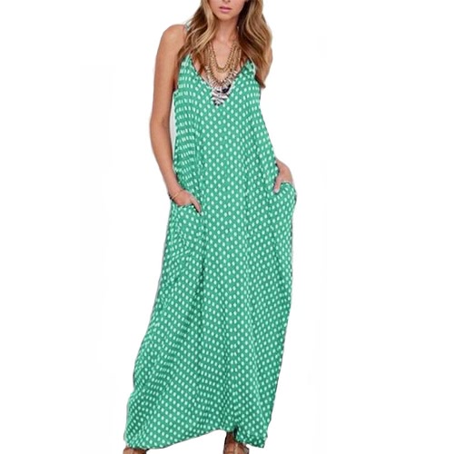 

Women Dress Polka Dot Print V Neck Sleeveless Loose Maxi Long Beach Bohemian Vintage One-Piece