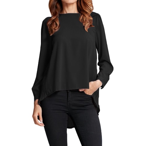 

New Women Chiffon Blouse Pleated O-Neck Long Sleeve Asymmetric Loose Casual Solid Plus Size Shirt Top