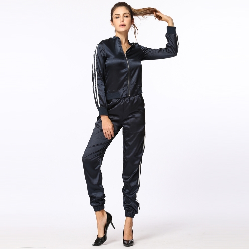 

Side Stripe Long Sleeve Zipper Elastic Waist Sports Two Piece Set