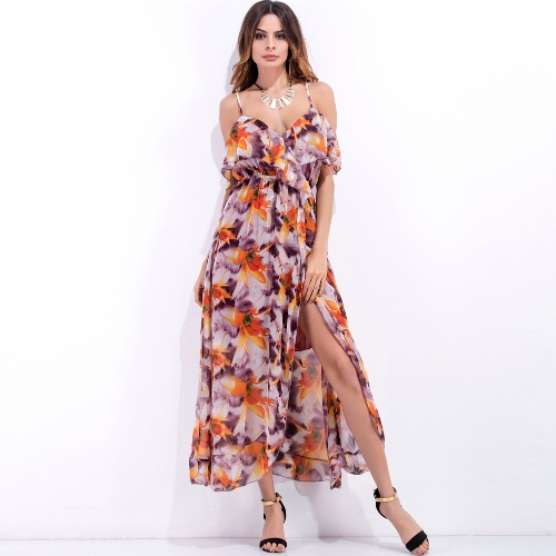 

Floral Print V Neck Spaghetti Strap High Spilt Chiffon Women's Long Dress