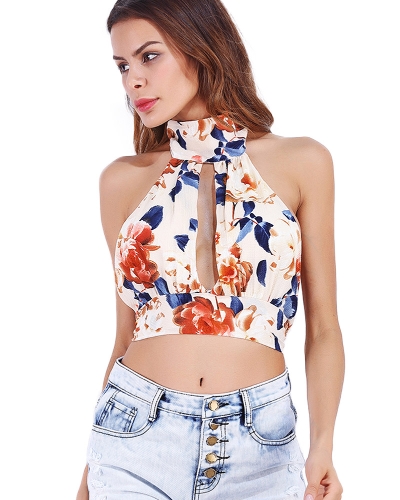 

Мода Цветочные Backless Шея Вырезать Передняя галстук Женщины Crop Топ
