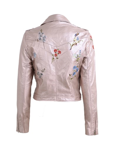 

Fashion Women Embroidery Flower PU Faux Leather Jacket Coat