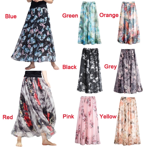 New Boho Women Lined Maxi Chiffon Floral Skirt High Waist Retro Saia Beach Tutu Long Skirt