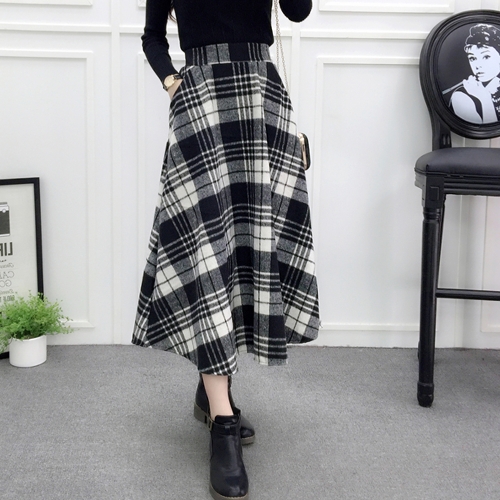 

Women Plaid Skirt Woolen High Elastic Waist Elegant A-Line Midi Skirts