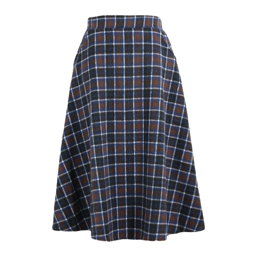 

Women Plaid Skirt Woolen High Elastic Waist Elegant A-Line Midi Skirts