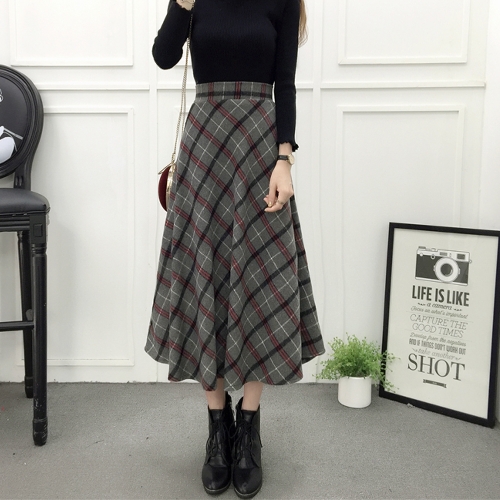 

Women Plaid Skirt Woolen High Elastic Waist Elegant A-Line Midi Skirts