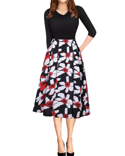 

Women Vintage V Neck Floral Print Swing Dress