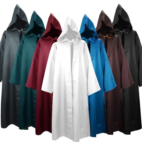 Men Women Halloween Costume Cloak Solid Color Hooded Long Sleeve Tunic Robe Cardigan Cape