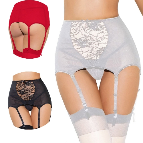 

Women Lace Garter Belt High Waist Hollow Out Mesh Stocking Suspender Elastic G-string Plus Size Lingerie