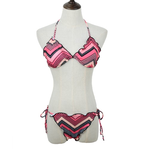 

New Sexy Women Bikini Set Wave Striped Halterneck Padded Cup Ties Two-Piece Swimsuit Bathing Swimwear Pink
