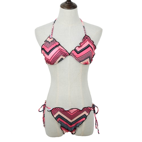 Nuove donne Sexy Bikini Set Wave Cup imbottito allacciato al collo a strisce legami costume a due pezzi costume da bagno rosa di balneazione