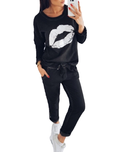 

Fashion Women Tracksuit Lips Printed Sweatshirt Striped Casual Set Suits