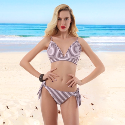 

Sexy Women Striped Wire Free Padded Cup Low Tie Waist Thong Biquini Bikini Set