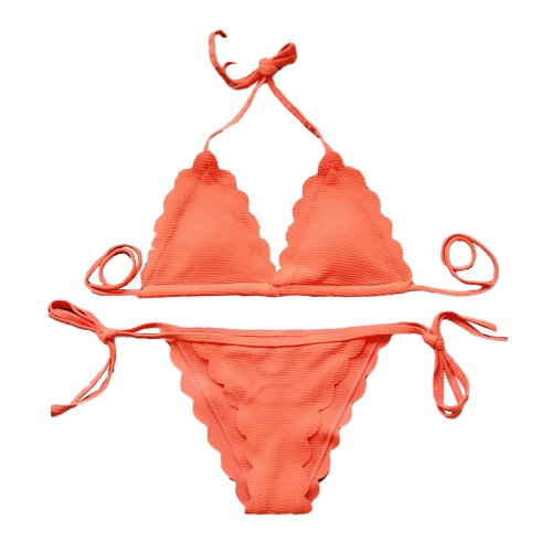 

Sexy Women Solid Scalloped Halter Bandage Strappy Swimwear Bikini Set