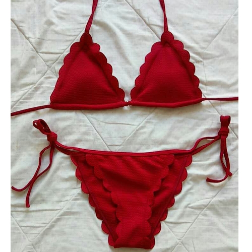 

Sexy Women Solid Scalloped Halter Bandage Strappy Swimwear Bikini Set