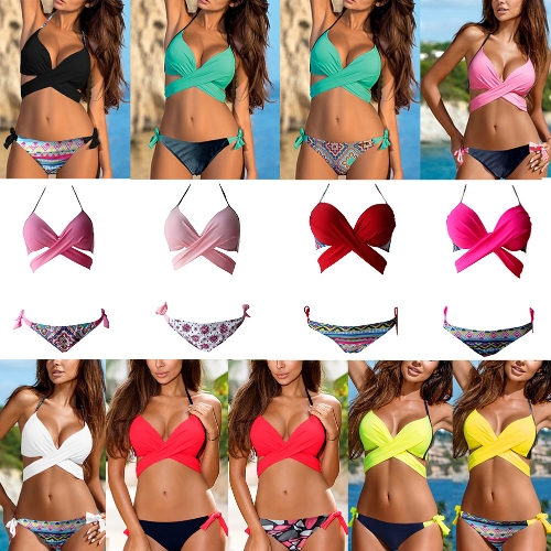 

Sexy Women Bikini Set Halter Cross Wire Free Padding Low Waist Thong Biquini Swimwear Swimsuit