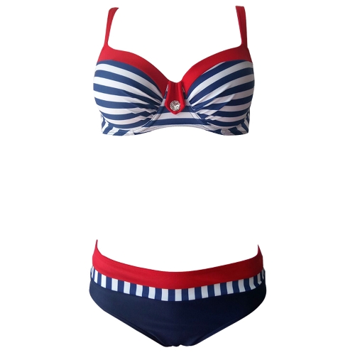 Bikini de las mujeres traje de baño traje de baño a rayas de punto de impresión de contraste Push Up Underwire acolchado de dos piezas traje de baño