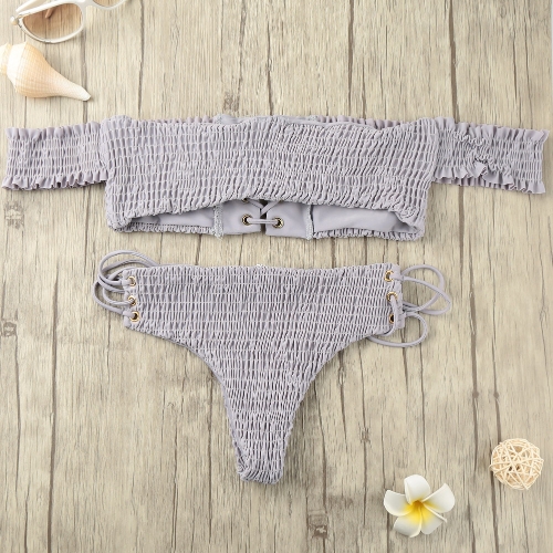 

Sexy Women Smocked Off the Shoulder Lace Up Bikini Set