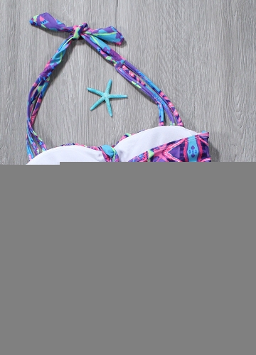 

Sexy Women Strappy Halter Bikini Set Contrast Print Backless Low Waist Cutout Thong Biquini Swimwear Swimsuit
