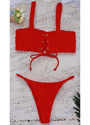 

Women Lace-up Bikini Set Low Waist Solid Color Brief Cut