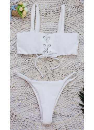 

Women Lace-up Bikini Set Low Waist Solid Color Brief Cut