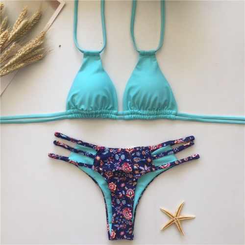 

Floral Print Halter Bandage Sexy Women Bikini Set