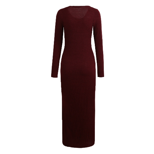 Sexy Women Knitted Long Dress Side Splits Rib Maxi Sweater Dress Long Sleeve O-Neck Casual Slim Dress Burgundy