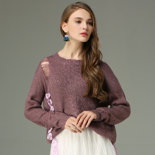 

Женские трикотажные свитера Loose Lace Up Bandage Frayed Holes Круглые шеи с длинным рукавом Повседневный пуловер Фиолетовый