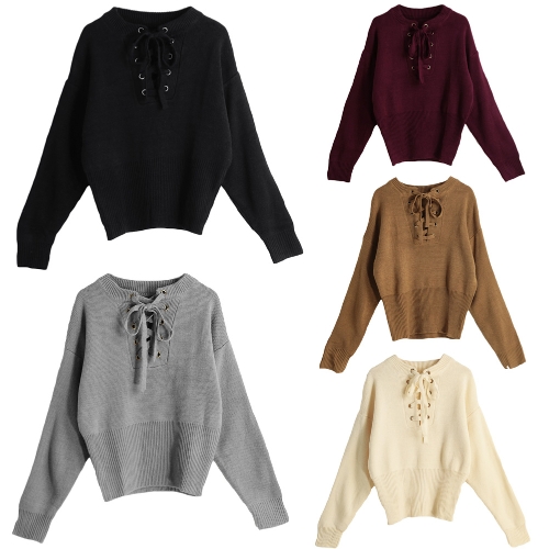 

New Winter Women Lace-Up Knit Sweater V Neck Long Sleeves Ribbed Cuffs Hem Warm Pullover Knitwear