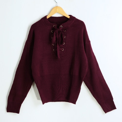 

Lace-Up Knit Sweater V Neck Long Sleeves Ribbed Cuffs Hem Women's Pullover