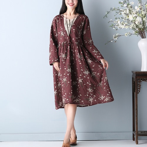 

Vintage Print Loose Long Sleeves O-Neck Print Женское платье