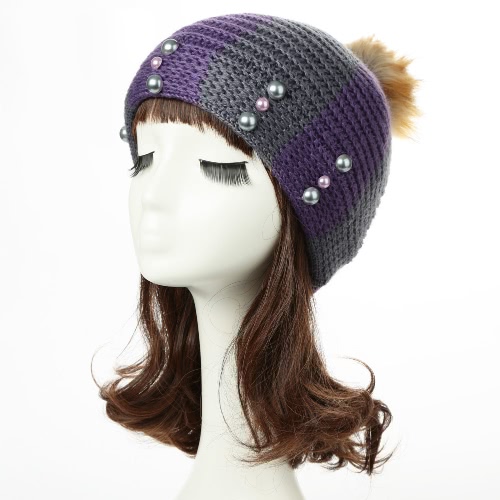 Contraste nuevo de las mujeres del invierno del casquillo del sombrero de punto Beanie raya de Pom Pom del grano causal Slouchy holgado Skullies