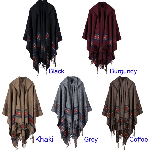 

New Women Knitted Poncho Cape Hooded Stripe Oversized Cardigan Sweater Long Shawl Scarf Cashmere Pashmina