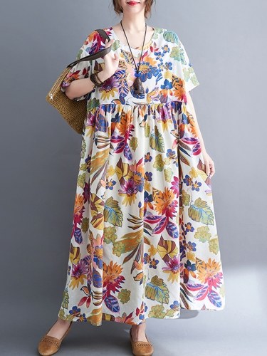 

Women Loose Dress with Pockets Vintage Printed Short Sleeved Casual Holiday Beach Dress