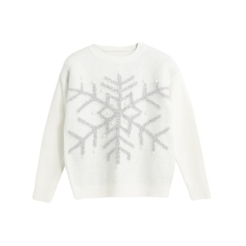 New Autumn Winter Women Knit Sweater Shiny Snowflake Jacquard Bead Jumper Long Sleeve Casual Knitwear Tops White/Pink