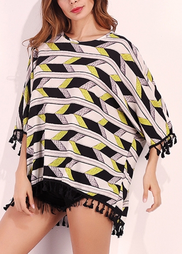 

Крупный размер Tassel Round Neck Flare Sleeve Loose Blouse