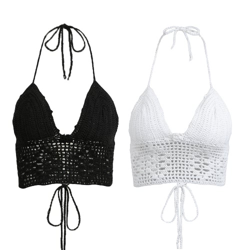 

New Sexy Women Crochet Knitted Crop Top Halter Vest Plunge V Neck Sleeveless Bralette Swimwear Black/White