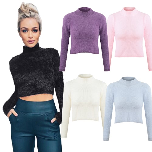 

New Fashion Women Knitted Fluffy Sweater Jumper Crop Top Turtle Neck Long Sleeve Mohair Slim Pullover Knitwear