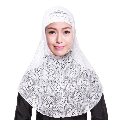 New Fashion Full Cover Muslim Hijab Two Piece Set Lace Solid Islamic Turban Cap Beanies