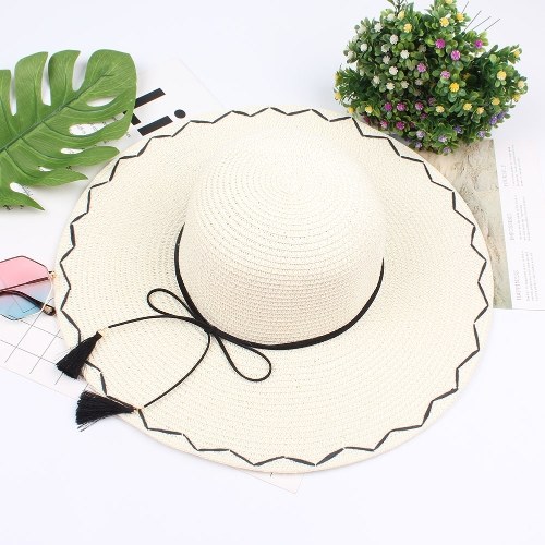

Новая мода Складная широкая бримская соломенная шляпа Tassel Bowknot Decor Outdoor Beach Shade Sun Hats